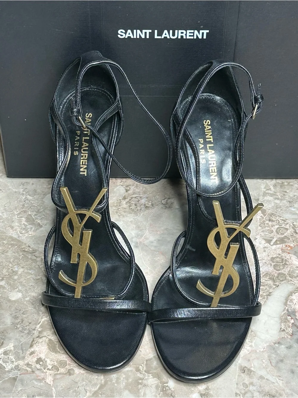 Saint Laurent Black Leather Heeled Sandals with Gold YSL Monogram - Picture 5 of 16